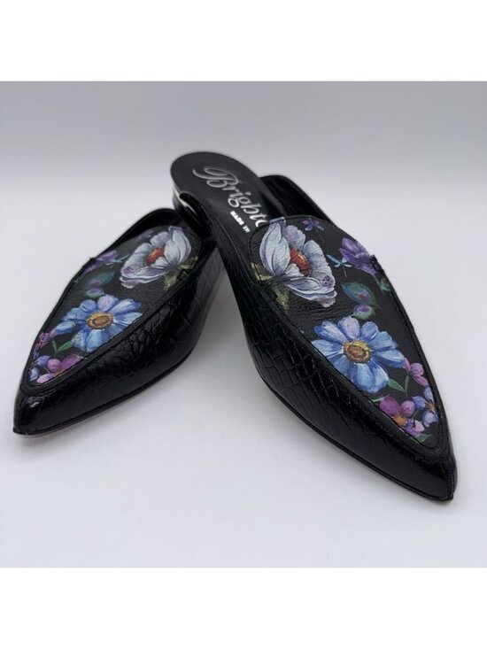 Brighton Shoes - Brighton Floral Everly Mules Croc Embossed Black Low Heel Sz 9 Made In Italy